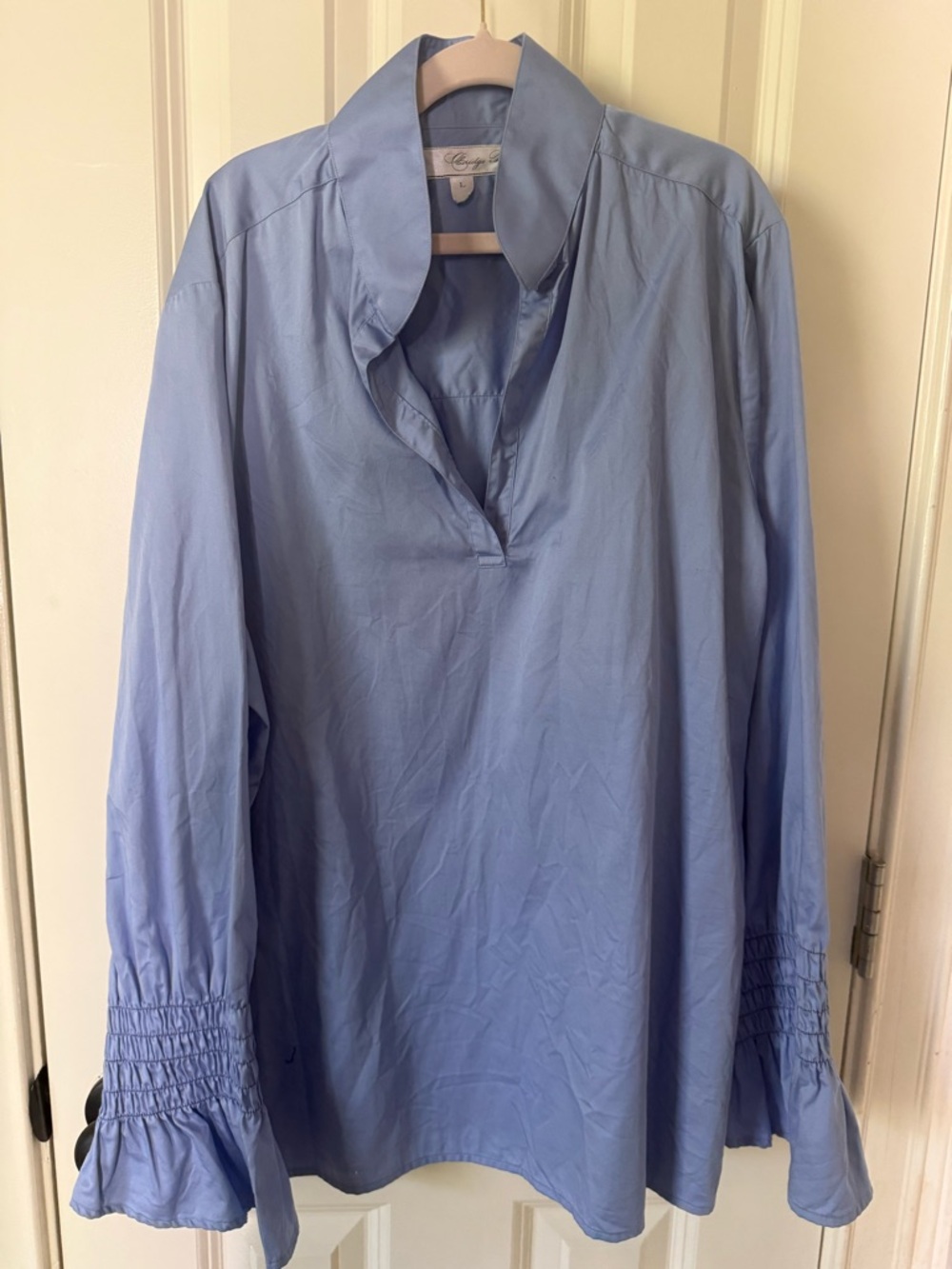 Women's beautiful Light Blue V-Neck Smocked Cuff Blouse by Cambridge and King
